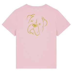 Gold outline illustration of the head of a Boxer dog on the back of a cotton pink ladies t-shirt