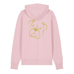 Gold outline illustration of the head of a Boxer on the back of a cotton pink unisex Hoodie