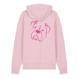 Magenta outline illustration of the head of a Boxer on the back of a cotton pink unisex Hoodie