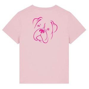Magenta outline illustration of the head of a Boxer dog on the back of a cotton pink ladies t-shirt