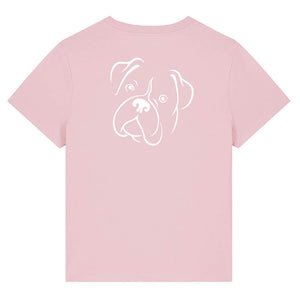 White outline illustration of the head of a Boxer dog on the back of a cotton pink ladies t-shirt