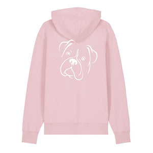 White outline illustration of the head of a Boxer on the back of a cotton pink unisex Hoodie