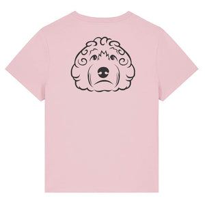 Black outline illustration of the head of a Cockapoo dog on the back of a cotton pink ladies t-shirt
