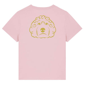 Gold outline illustration of the head of a Cockapoo dog on the back of a cotton pink ladies t-shirt