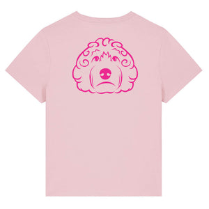 Magenta outline illustration of the head of a Cockapoo dog on the back of a cotton pink ladies t-shirt