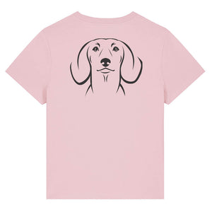 Black outline illustration of the head of a Dachshund on the back of a cotton pink ladies t-shirt