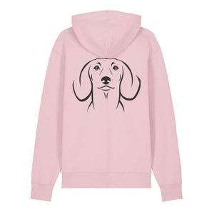 Black outline illustration of the head of a Dachshund on the back of a cotton pink unisex Hoodie