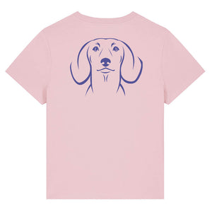 Blue outline illustration of the head of a Dachshund on the back of a cotton pink ladies t-shirt