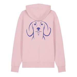 Blue outline illustration of the head of a Dachshund on the back of a cotton pink unisex Hoodie
