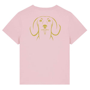 Gold outline illustration of the head of a Dachshund on the back of a cotton pink ladies t-shirt
