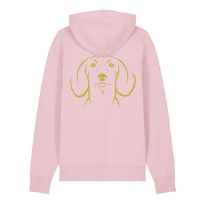 Gold outline illustration of the head of a Dachshund on the back of a cotton pink unisex Hoodie