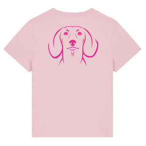 Magenta outline illustration of the head of a Dachshund on the back of a cotton pink ladies t-shirt