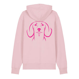 Magenta outline illustration of the head of a Dachshund on the back of a cotton pink unisex Hoodie