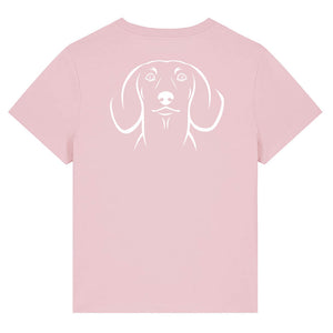 White outline illustration of the head of a Dachshund on the back of a cotton pink ladies t-shirt