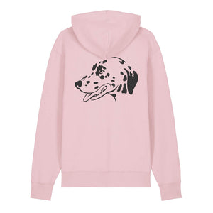 Black outline illustration of the head of a Dalmatian on the back of a cotton pink unisex Hoodie