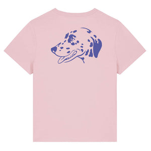 Blue outline illustration of the head of a Dalmatian on the back of a cotton pink ladies t-shirt