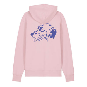 Blue outline illustration of the head of a Dalmatian on the back of a cotton pink unisex Hoodie