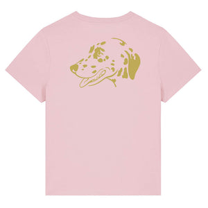 Gold outline illustration of the head of a Dalmatian on the back of a cotton pink ladies t-shirt