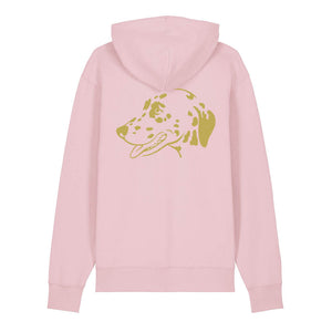 Gold outline illustration of the head of a Dalmatian on the back of a cotton pink unisex Hoodie