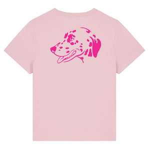 Magenta outline illustration of the head of a Dalmatian on the back of a cotton pink ladies t-shirt