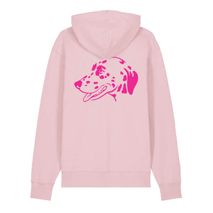 Magenta outline illustration of the head of a Dalmatian on the back of a cotton pink unisex Hoodie