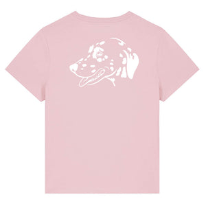 White outline illustration of the head of a Dalmatian on the back of a cotton pink ladies t-shirt