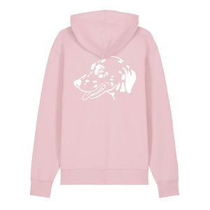 White outline illustration of the head of a Dalmatian on the back of a cotton pink unisex Hoodie