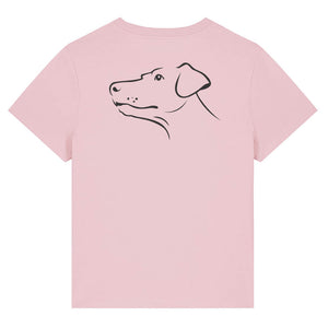 Black outline illustration of the head of a Dobermann on the back of a cotton pink ladies t-shirt
