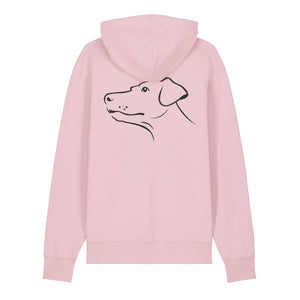 Black outline illustration of the head of a Dobermann on the back of a cotton pink unisex Hoodie