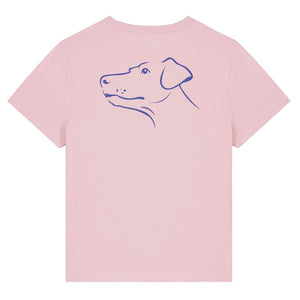 Blue outline illustration of the head of a Dobermann on the back of a cotton pink ladies t-shirt
