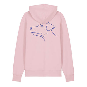 Blue outline illustration of the head of a Dobermann on the back of a cotton pink unisex Hoodie