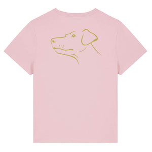 Gold outline illustration of the head of a Dobermann on the back of a cotton pink ladies t-shirt