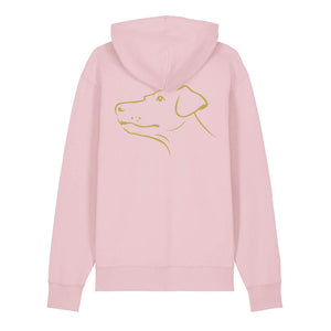 Gold outline illustration of the head of a Dobermann on the back of a cotton pink unisex Hoodie