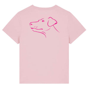 Magenta outline illustration of the head of a Dobermann on the back of a cotton pink ladies t-shirt