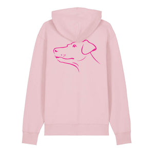 Magenta outline illustration of the head of a Dobermann on the back of a cotton pink unisex Hoodie