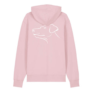 White outline illustration of the head of a Dobermann on the back of a cotton pink unisex Hoodie