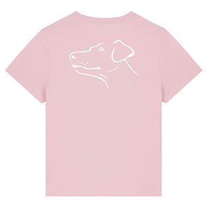 White outline illustration of the head of a Dobermann on the back of a cotton pink ladies t-shirt