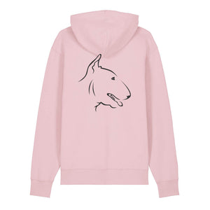 Black outline illustration of the head of an English Bull Terrier on the back of a cotton pink unisex Hoodie