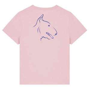 Blue outline illustration of the head of a English Bull Terrier on the back of a cotton pink ladies t-shirt