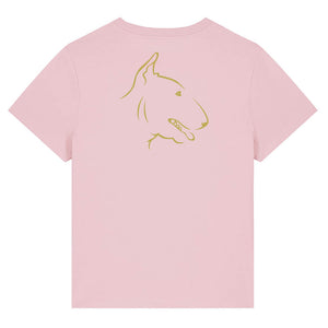 Gold outline illustration of the head of a English Bull Terrier on the back of a cotton pink ladies t-shirt