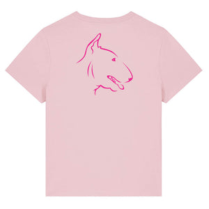 Magenta outline illustration of the head of a English Bull Terrier on the back of a cotton pink ladies t-shirt
