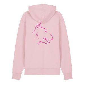 Magenta outline illustration of the head of an English Bull Terrier on the back of a cotton pink unisex Hoodie