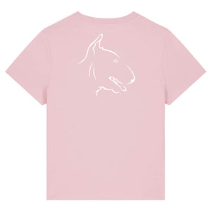 White outline illustration of the head of a English Bull Terrier on the back of a cotton pink ladies t-shirt