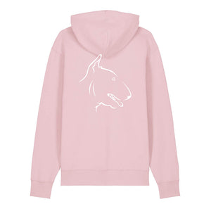 White outline illustration of the head of an English Bull Terrier on the back of a cotton pink unisex Hoodie