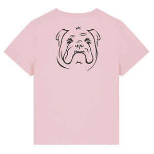 Black outline illustration of the head of a English Bulldog on the back of a  cotton pink ladies t-shirt