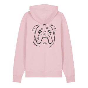 Black outline illustration of the head of an English Bulldog on the back of a cotton pink unisex Hoodie