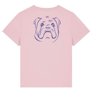 Blue outline illustration of the head of a English Bulldog on the back of a  cotton pink ladies t-shirt