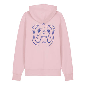Blue outline illustration of the head of an English Bulldog on the back of a cotton pink unisex Hoodie