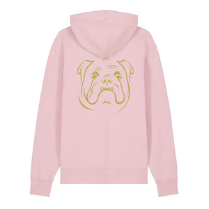 Gold outline illustration of the head of an English Bulldog on the back of a cotton pink unisex Hoodie