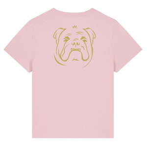 Gold outline illustration of the head of a English Bulldog on the back of a  cotton pink ladies t-shirt
